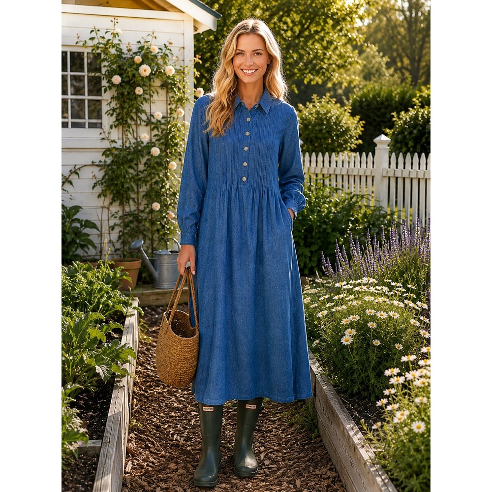 Smith & Hawken Vintage 90s Denim Pintuck Maxi Prairie Dress Cotton Blue Medium